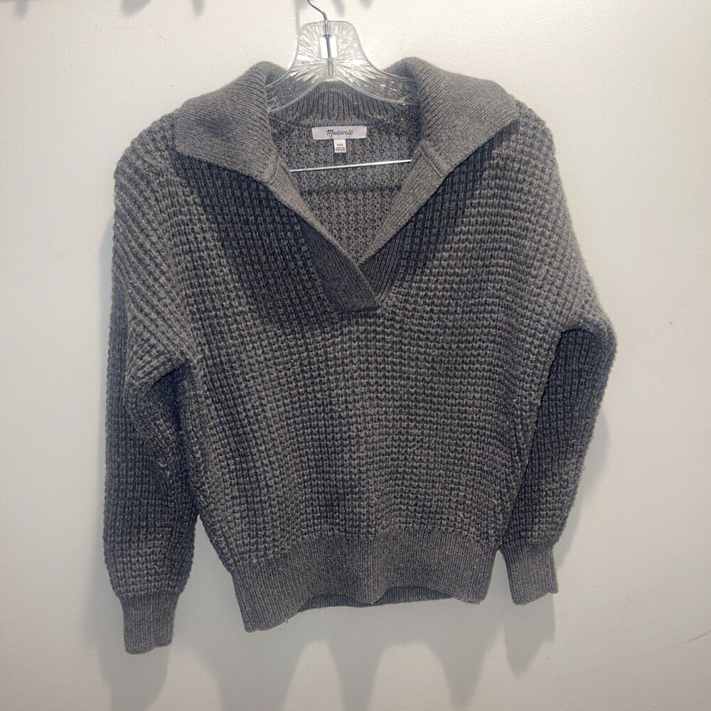 Madewell women's Polo Sweater SIZE XXS Waffle Weave V Neck Collard Gray